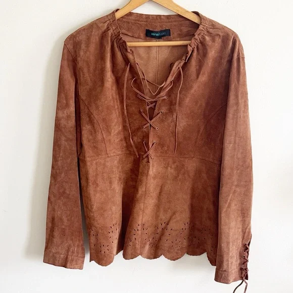 Siena studio lace front laser cut tan suede long sleeve western boho Top sz med - Picture 2 of 9